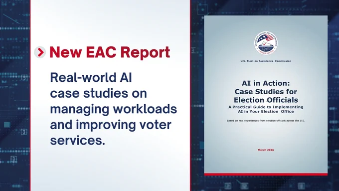 A blue digital circuitry background texture fills the frame. On a bar of pale green is a red arrow icon pointing to dark red bold text reading "New EAC Report". Below in bold blue text reads "Real-world AI case studies on managing workloads and improving voter services." To the right is a green repo