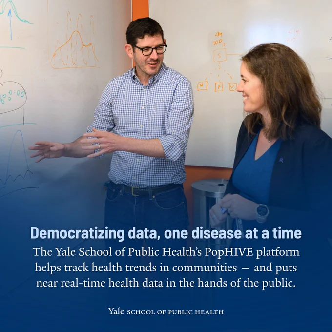 Democratizing data, one disease at a time
The Yale School of Public Health’s PopHIVE platform helps track health trends in communities — and puts near real-time health data in the hands of the public.

Photo of Anne Zink and Dan Weinberger working on white board