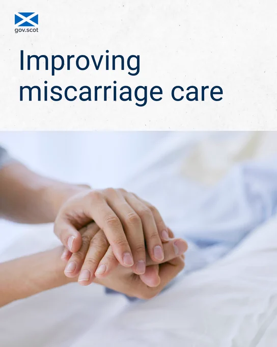 Two hands gently holding each other on a hospital bed symbolising support in miscarriage care. Above the image reads the words "Improving miscarriage care".