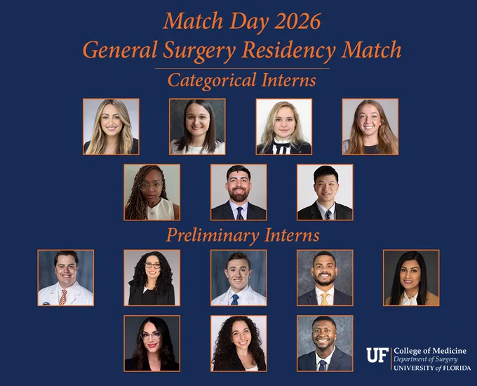 University of Florida Department of Surgery General Surgery Residency Match 2026. It shows two groups of headshots, seven listed as "categorical interns" and eight listed as "preliminary interns."