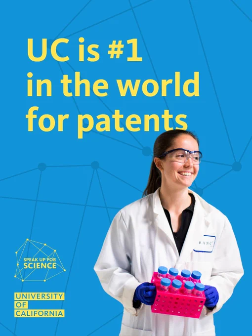 Blue background with cutout image of a scientist holding test tubes and text: UC is #1 in the world for patents