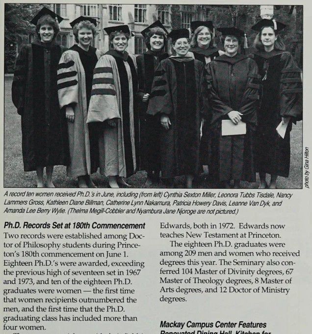 screen snip of digitized black and white photo of 8 of 10 women who graduated with PhDs in 1992 in their caps & gowns printed in PTS The Princeton Spire, Vol. XXXI No. 3, Summer/Fall 1992 https://commons.ptsem.edu/id/princetonspire3113unse; pictured: Cynthia Sexton Miller, Leonora Tubbs Tisdale, Nancy Lammers Gross, Kathleen Diane Billman, Catherine Lynn Nakamura, Patricia Howery Davis, Leanne Van Dyk & Amanda Lee Berry Wylie; not pictured: Thelma Megill-Cobbler & Nyambura Jane Njoroge
