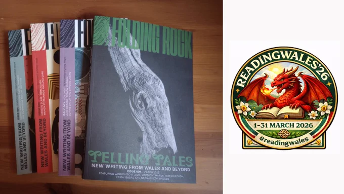 Photo shows four issues of Folding Rock magazine, a new literary magazine for Welsh writing, on a wooden desk