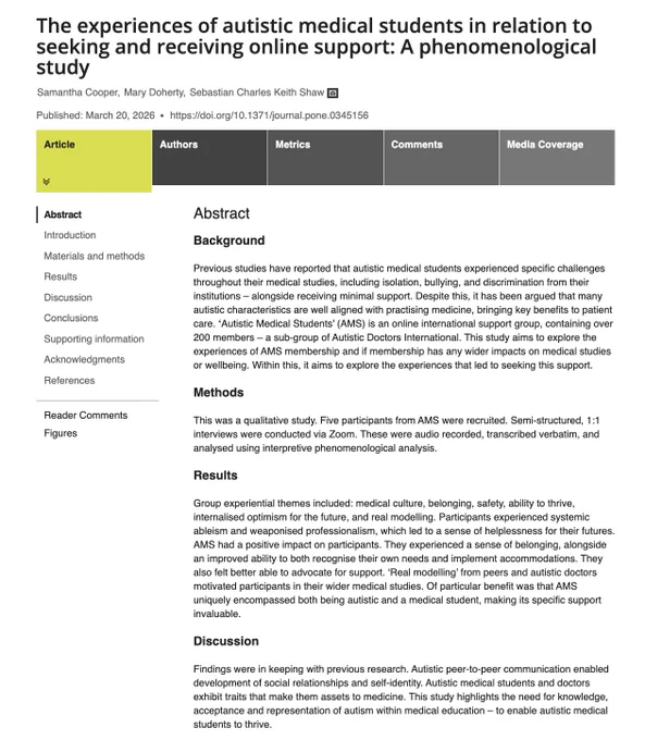 A screenshot of the top of the article, showing the title ("The experiences of autistic medical students in relation to seeking and receiving online support: A phenomenological study"), authors, and abstract