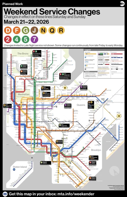 Weekend service change map between March 21 -22, 2026