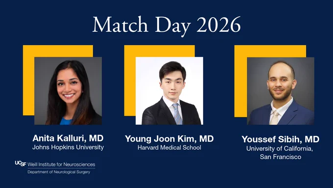 Graphic for Match Day 2026 announcing that Anita Kalluri, MD, from Johns Hopkins University, Young Joon Kim, MD, from Harvard Medical School, and Youssef Sibih, MD, form the University of California, San Francisco matched into UCSF Neurosurgery.