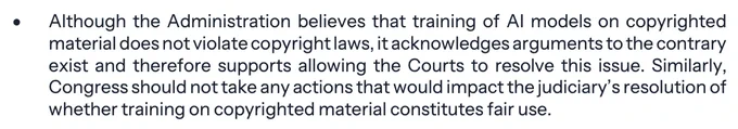 The text outlines the Administration's stance on AI model training and copyright laws, urging Congress to leave resolutions to the courts.
