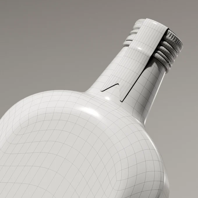 A close-up of a bottle with a sleek, modern design features a grid pattern and a detailed cap, showcasing its contours and structure.