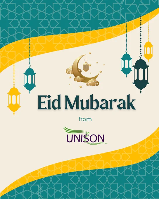 Design in green and yellow with lanterns and moon. Eid Mubarak from UNISON