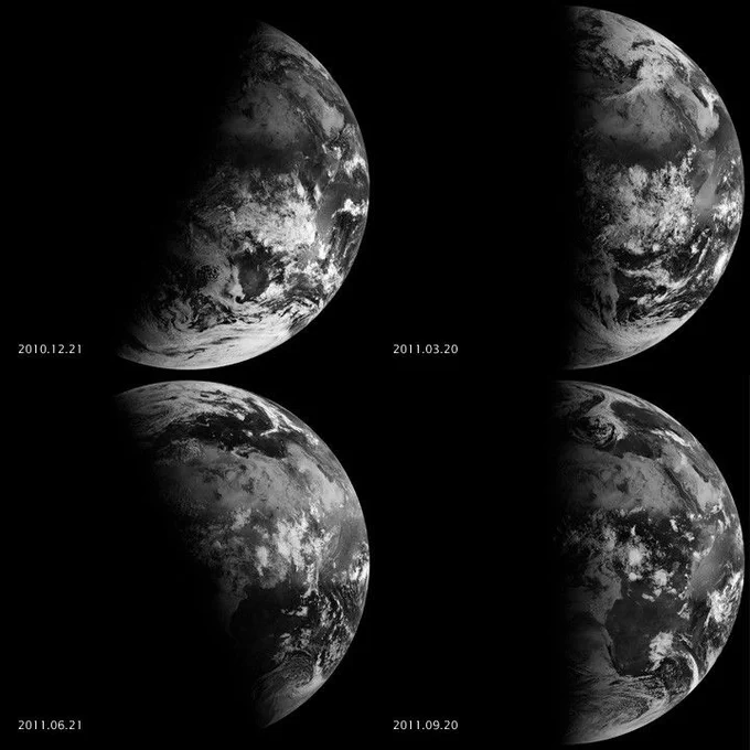 An image containing four snapshots of Earth, each at a different equinox or solstice. Each Earth is perfectly divided in half by sunlight and shadow. The images of the equinoxes (dates listed as March 20, 2011 and Sept. 20, 2011) have sunlight centered along the equator, with Earth lit from 12 o'clock to 6 o'clock. The image of the summer solstice (June 21, 2011) shows Earth lit from about 11 o'clock to 5 o'clock. The image of the winter solstice (Dec. 21, 2010) shows Earth lit from about 1 o'clock to 7 o'clock. Credit: NASA