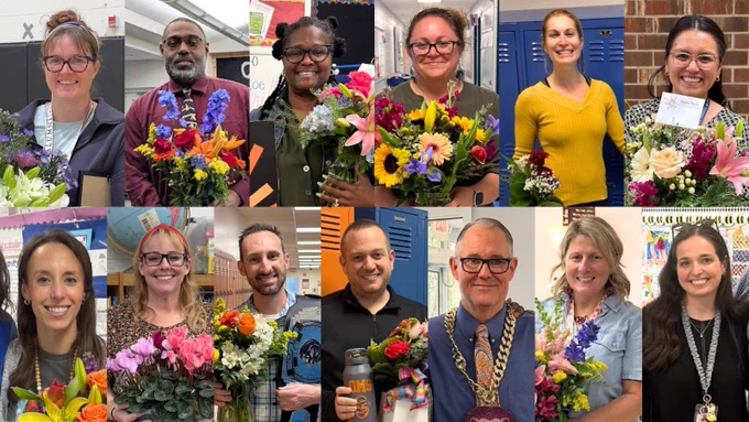 Photo collage of 13 photos representing the Orange County Schools 2026-2027 Teacher of the Year Nominees. Learn more at orangecountyfirst.com/ocstoy. 