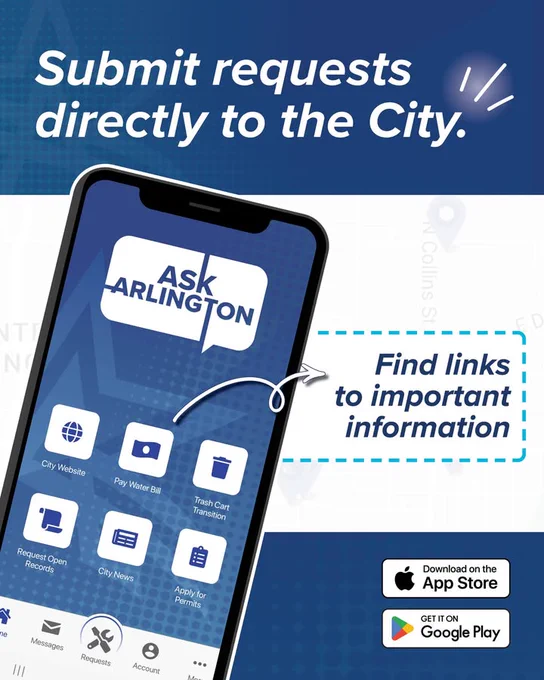 Phone displaying the "Ask Arlington" app screen, surrounded by icons for "City Website," "Pay Water Bill," "Trash Cart Replacement," "City News," and "Apply for Permits." Text reads, "Submit requests directly to the City" and "Find links to important information." Logos for the App Store and Google Play are shown.