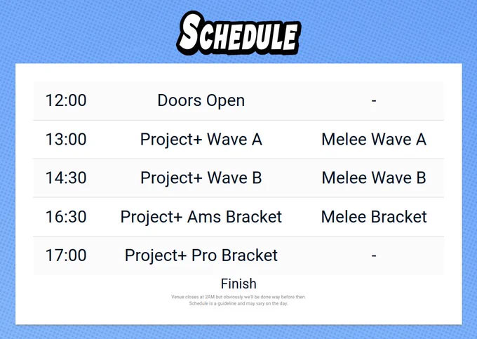 Main Event 2 Schedule
12:00 Doors open
13:00 Project  and Melee wave A
14:30 Project  and Melee wave B
16:30 Project  amateur bracket and Melee bracket
17:00 Project  Pro bracket