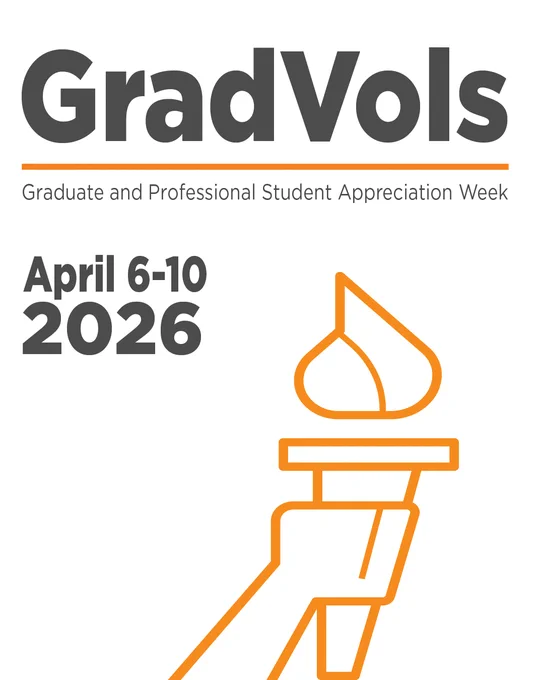 The image is a poster for the Graduate and Professional Student Appreciation Week," taking place April 6-10, 2026. It features an outline of the torchbearer.