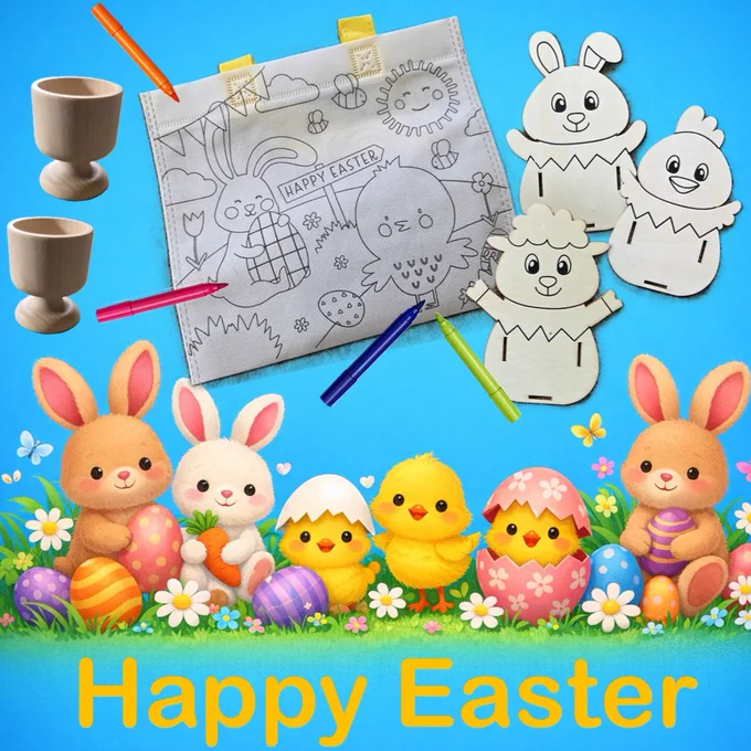 Image of wooden egg cups, wooden Easter characters and an Easter themed bag craft activities on a blue background with bunnies and chicks.