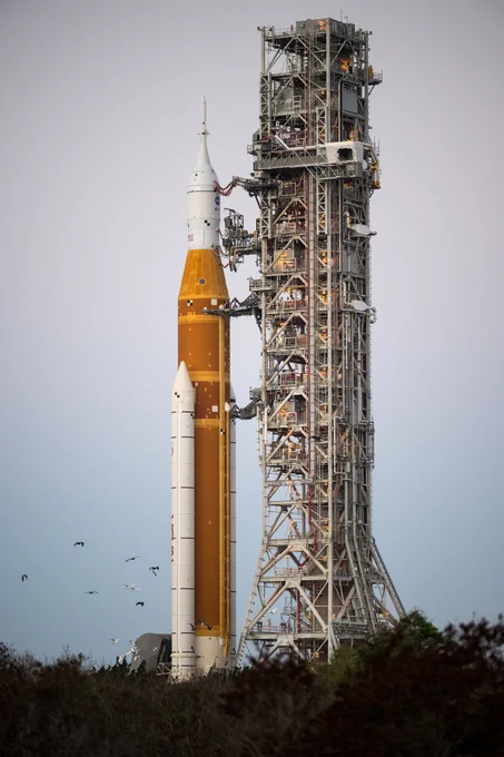 NASA's Artemis II Space Launch System (SLS) rocket and Orion spacecraft, secured to the mobile launcher, are seen as they made the 4.2 mile journey toward Launch Pad 39B, Friday, March 20, 2026, at NASA's Kennedy Space Center in Florida. The orange core stage of the rocket stands in between two white solid rocket boosters and is topped with the white Orion spacecraft. The rocket and spacecraft stand to the left of the trussed structure of the mobile launcher. The sky is a soft blue color in the background. Birds can be seen flying near the base of the rocket. Credit: NASA/Aubrey Gemignani 