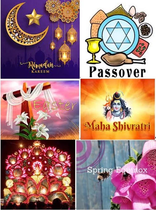 collage of images Christian Easter Jewish Passover Ramadan Muslim Hindu Maha Shivaratri Buddhist Vesak all symbolizing birth, hope, liberation, revelation, resurrection 