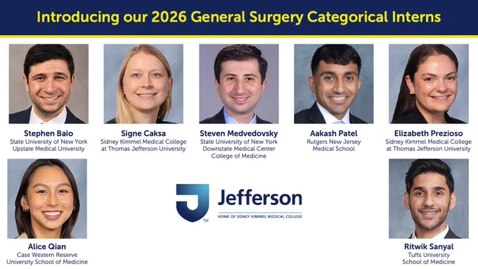 Graphic titled “Introducing our 2026 General Surgery Categorical Interns.” A grid of professional headshots with names and medical schools listed: Stephen Baio (State University of New York Upstate Medical University); Signe Caksa (Sidney Kimmel Medical College at Thomas Jefferson University); Steven Medvedovsky (State University of New York Downstate Medical Center College of Medicine); Aakash Patel (Rutgers New Jersey Medical School); Elizabeth Prezioso (Sidney Kimmel Medical College at Thomas Jefferson University); Alice Qian (Case Western Reserve University School of Medicine); Ritwik Sanyal (Tufts University School of Medicine). Jefferson logo appears centered at the bottom.