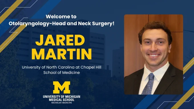 Decorative graphic with a headshot photo of Jared Martin, University of North Carolina at Chapel Hill School of Medicine, with a University of Michigan Medical School logo.