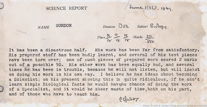 John Gurdon's science report noting his poorly learned work and test pieces with low marks. The report questions his suitability for becoming a scientist. 