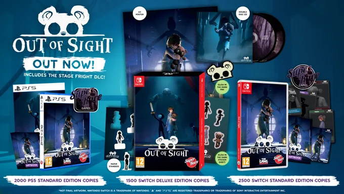 An image showing physical editions of the game, Out of Sight, where you play a girl who's blind, but uses her teddy bear to see & try to escape her captors. In the middle is the Nintendo Switch Deluxe physical edition, which includes an A3 poster, a double disc CD, a glow-in-the-dark pin, a glow-in-the-dark sticker sheet, & paper standees.