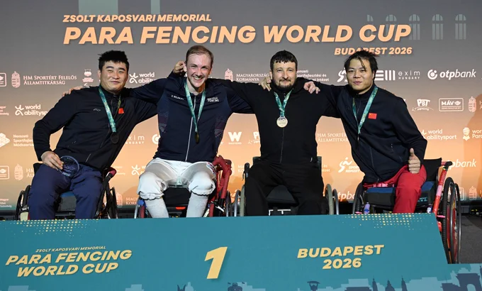 A podium photo with four para fencers, each wearing a medal. L-R: CHN, GBR, AIN CHN