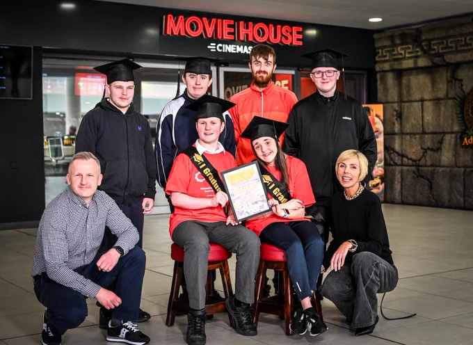 (L-R) David McConnell, Head of Education at Northern Ireland Screen, Robbie Calvert. Killard Special School,   Aodhan Quinn McKay, Cedar Lodge Special School,  Riley Alexander, Longstone Special School, Sasha Newell, Harberton North Special School, Nathan Crothers, Wheelworks, Mason Pearce SERC,  Laura McCurdy, Cinemagic