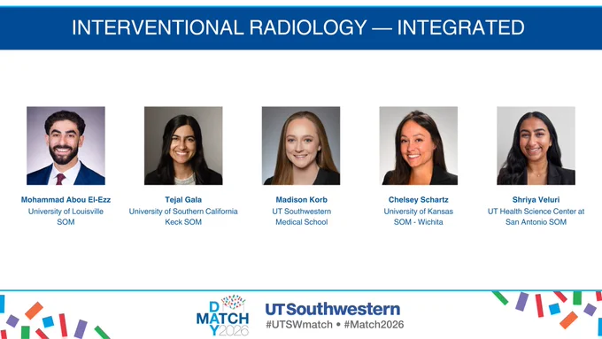 Match 2026 announcement graphic with resident headshots, names, and medical schools in a grid layout, with UT Southwestern Radiology branding.