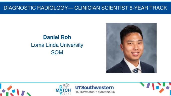 Match 2026 announcement graphic with resident headshot, name, and medical school, with UT Southwestern Radiology branding.