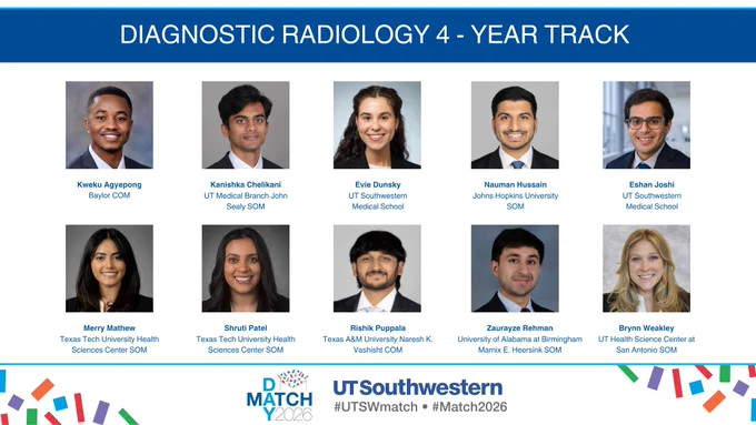 Match 2026 announcement graphic with resident headshots, names, and medical schools in a grid layout, with UT Southwestern Radiology branding.