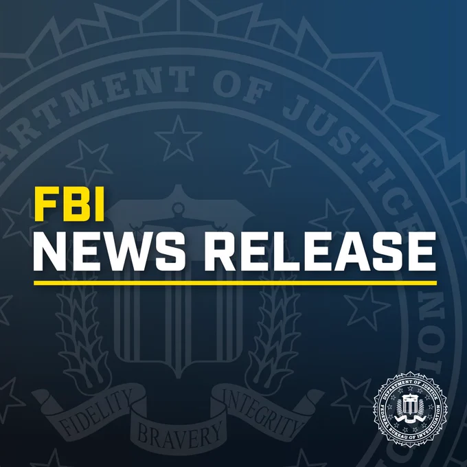 FBI news release graphic with the Department of Justice seal faintly visible in the background.