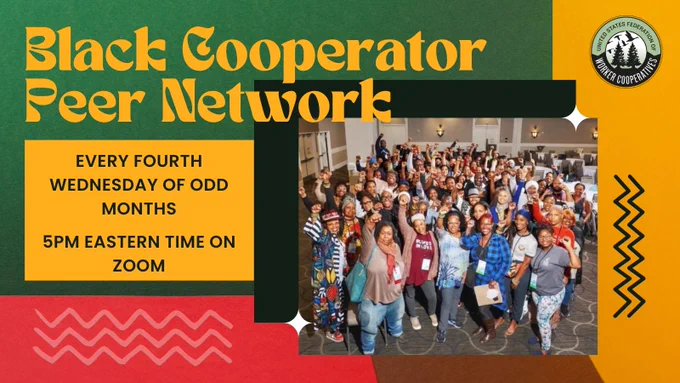 A photo of a group of around 30 people with different shades of brown skin stand together and smile with their fists raised. Text reads Black Cooperator Peer Network. 