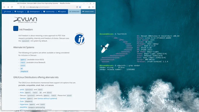A screenshot showing XLibre 25.1.2 with Xfce on Devuan 6 Excalibur, installed via the third-party repository at https://github.com/xlibre-debian/devuan.