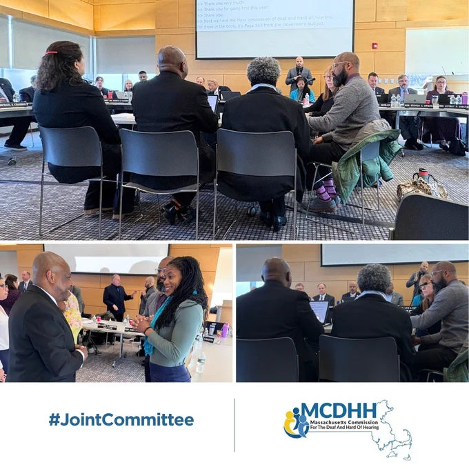 A three photo montage. Two photos show Commissioner Sotonwa presenting MCDHH's FY27 budget proposal to the Joint Committee on Ways and Means. A third photo shows Commissioner Sotonwa smiling and conversing with Event Chair Senator Lydia Edwards after the presentation.