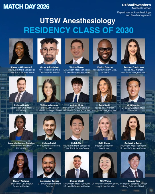 Match Day UTSW Anesthesiology Residency Class of 2030, Headshots of new anesthesia interns.