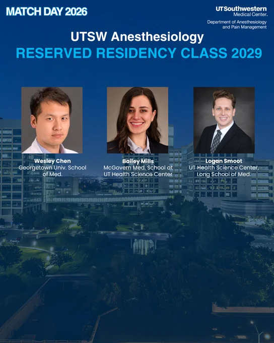 Match Day 2026, UTSW Anesthesiology Reserved Residency Class of 2029, Headshots of 3 new reserved residents.