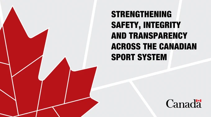Red stylized maple leaf on left with text that reads: Strengthening safety, integrity and transparency across the Canadian sport system