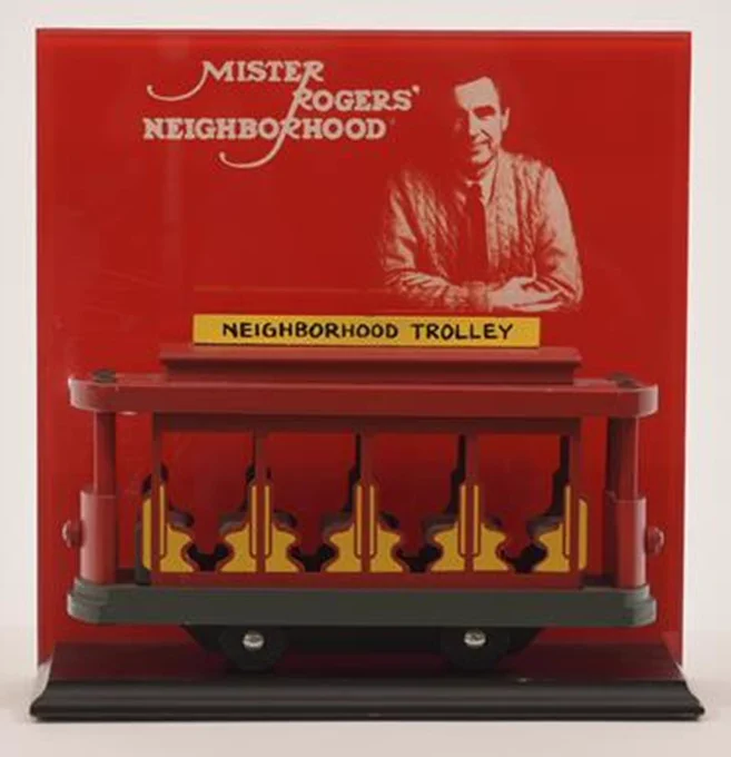 Wooden Neighborhood Trolley made exclusively by the Holgate Toy Co. for "Mister Rogers' Neighborhood," the popular children's TV show produced in Pittsburgh and hosted by Rogers. 