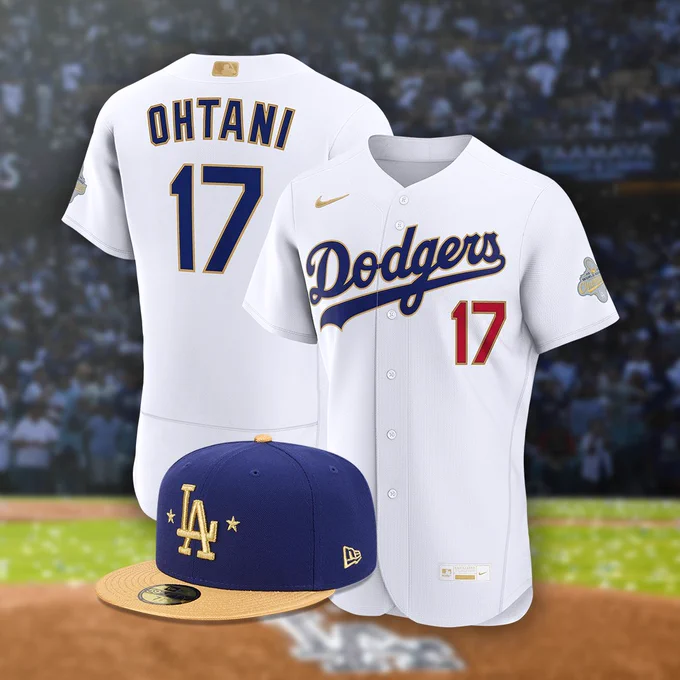 A front and back look of the Los Angeles Dodgers "Gold Collection"  uniforms with blue, red and gold trim lettering. Dodger Stadium can be seen in the background during the World Series celebration.