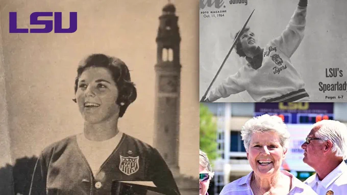 This image collage features four sections related to LSU. The top left displays the LSU logo. Below it, a person in a sports cardigan stands in front of a tower. The top right shows a vintage magazine cover, featuring an LSU athlete with a javelin. The bottom right corner captures two people smiling outdoors, with buildings in the background.