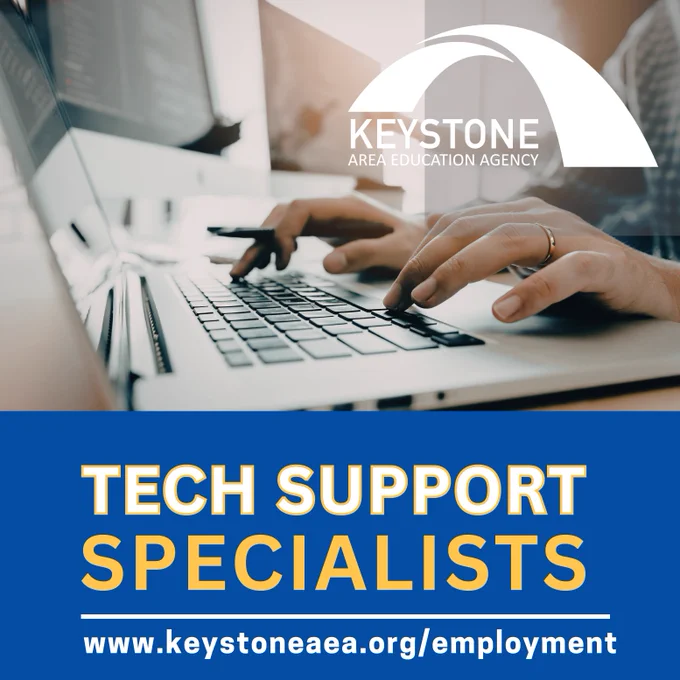 Person typing on keyboard. Job ad for tech support specialists at Keystone AEA.