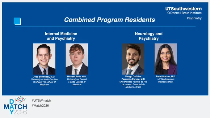 Head and shoulder photos of our Combined Program Residents from left: Internal Medicine and Psychiatry - Jose Bermudez, M.D. University of North Carolina at Chapel Hill School of Medicine and Michael Roth, M.D. University of Central Florida College of Medicine; Neurology and Psychiatry - Thiago Da Silva  Paranhos Pereira, M.D. Universidade Federal do Rio de Janeiro (UFRJ) Faculdad de Medicina, Brazil and Ruta Uttarkar, M.D UT Southwestern Medical School 