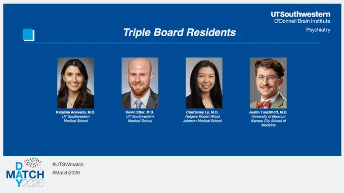 Head and shoulder photos of our Triple Board Residents from left: Katalina Acevedo, M.D. UT Southwestern  Medical School, Kevin Otter, M.D. UT Southwestern Medical School , Courteney Ly, M.D. UT Southwestern Medical School, and Justin Tuschhoff, M.D. University of Missouri- Kansas City School of Medicine