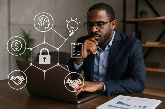 A man with glasses and a suit jacket sits at a laptop, hand to chin, thinking. Graphics overlay the laptop: a lock, a dollar sign, a head, a clipboard, a handshake, and a lightbulb.