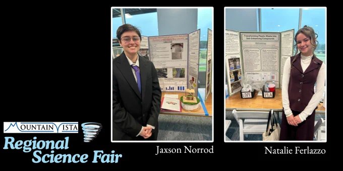 Two Eastern View High School students, Jaxson Norrod and Natalie Ferlazzo, stand beside their science fair projects at the Mountain Vista Governor’s School Regional Science Fair. Jaxson, wearing a dark suit and tie, presents a project on trapping spotted lanternflies. Natalie, wearing a maroon dress over a white top, presents a project on transforming plastic waste into soil-enhancing compounds. The Mountain Vista Governor’s School logo, the EVHS logo, and the words “Regional Science Fair” appear in the lower left corner.