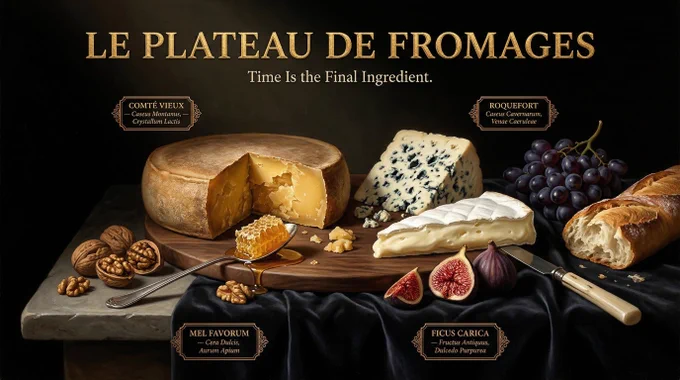 Cheese board painted in the style of a Dutch Golden Age still life — hyperrealistic oil painting aesthetic with dramatic chiaroscuro lighting. Hero cheese board at center on dark velvet draped over stone, surrounded by its components in baroque composition — a whole wheel of aged Comté with a wedge broken away, a crumbling Roquefort showing blue veins, a Brie de Meaux running at room temperature, honeycomb dripping from a silver spoon, walnut clusters, dried figs split showing jewel-red flesh, a bunch of dark muscatel grapes, a torn baguette, a bone-handled knife resting at an angle. Single dramatic light source from upper left illuminating every texture with painterly depth: Comté crystalline interior catching light like amber, Roquefort blue veins deep as shadow, Brie rind luminous white against darkness, honey catching light like liquid gold. Each ingredient labeled with a small elegant gold cartouche — ornate bordered label in copperplate: "COMTÉ VIEUX — Caseus Montanus, [...]