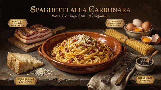 Spaghetti carbonara painted in the style of an Italian Renaissance still life — hyperrealistic oil painting aesthetic with dramatic chiaroscuro lighting. Hero carbonara at center in a wide terracotta bowl on a stone surface, surrounded by its ingredients in baroque composition — whole eggs and loose yolks, a wedge of aged Pecorino Romano with rind, guanciale slab showing fat layers, coarse black pepper in a small ceramic bowl, dried spaghetti bundle tied with twine. Single dramatic light source from upper left illuminating every texture with painterly depth: glossy egg-yolk sauce coating every strand, glistening rendered guanciale fat, translucent pasta catching amber light, cheese shards catching the beam. Each ingredient labeled with a small elegant gold cartouche — ornate bordered label in copperplate: "OVUM AUREUM — Vitellus Gloriae, Anima Salsae" / "GUANCIALE — Gena Suilla, Pinguedo Perfecta" / "PECORINO ROMANO — Caseus Antiquus, Sal Terrae Ovium" / "PIPER NIGRUM — Granum [...]