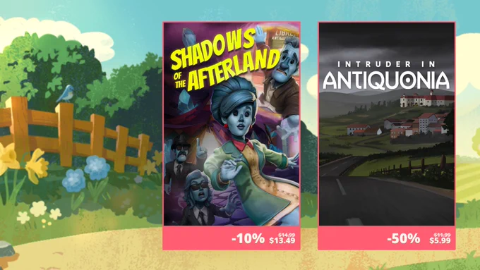 Shadows of the Afterland is 10% off, and Intruder in Antiquonia is 50% off.