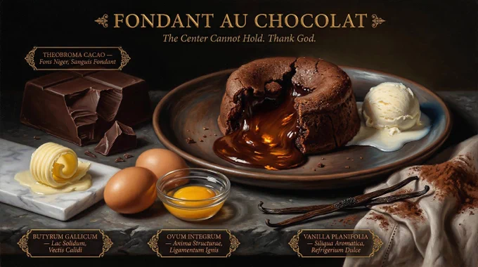 Chocolate fondant painted in the style of an Italian Renaissance still life — hyperrealistic oil painting aesthetic with dramatic chiaroscuro lighting. Hero fondant at center just broken open on a dark ceramic plate, molten core flowing, on dark stone surface, surrounded by its ingredients in baroque composition — a whole dark chocolate block with one corner snapped showing glossy interior, a butter curl softening on marble, whole eggs beside separated yolk in glass, a vanilla pod split, a cocoa powder dusting cloth, a small scoop of vanilla ice cream melting at the plate edge. Single dramatic light source from upper left illuminating every texture with painterly depth: molten chocolate interior flowing like dark lava catching amber light, set outer cake wall showing perfect baked crust, ice cream catching cool light as it melts into a slow pool, cocoa-dusted plate catching side light. Each ingredient labeled with a small elegant gold cartouche — ornate bordered label in [...]