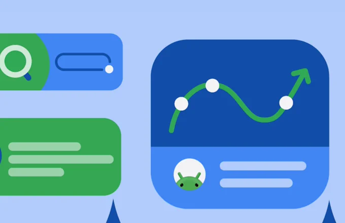 Abstract UI illustration of search and data analytics cards with a line graph and Android icon.